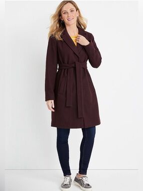 Tie Waist Over Coat in Deep Aubergine